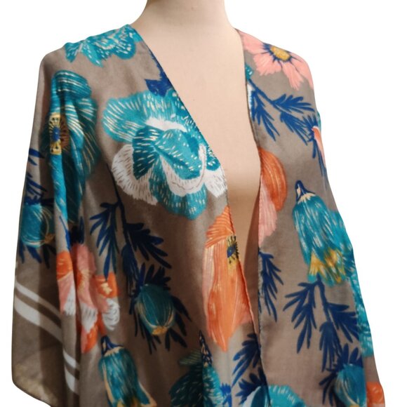 Woven Heart L Taupe Floral Open Front Kimono Gold Metallic Accent Tropical Boho - Picture 2 of 8